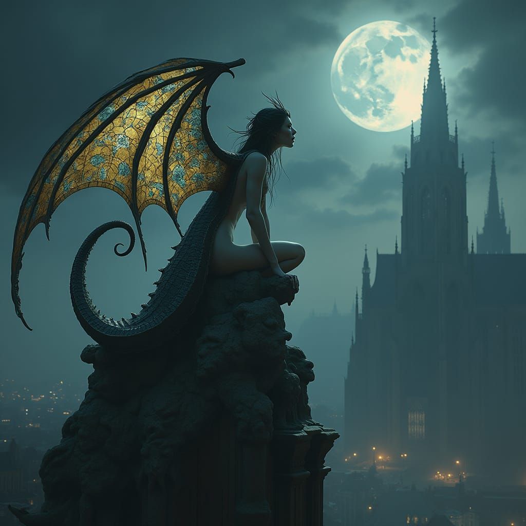 Winged Melusine Perched Atop Gothic Cathedral