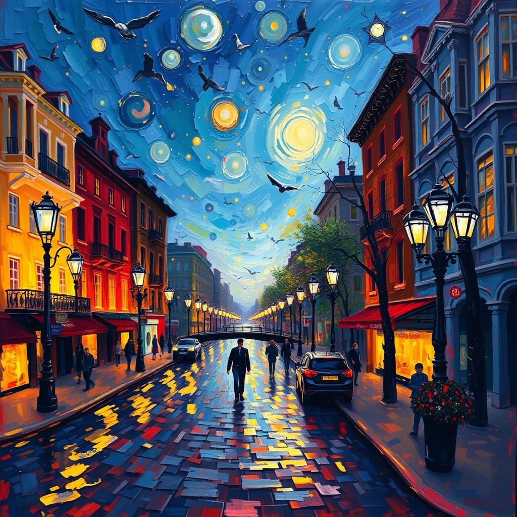 Vibrant Cityscape at Dusk in Neo-Expressionist Style