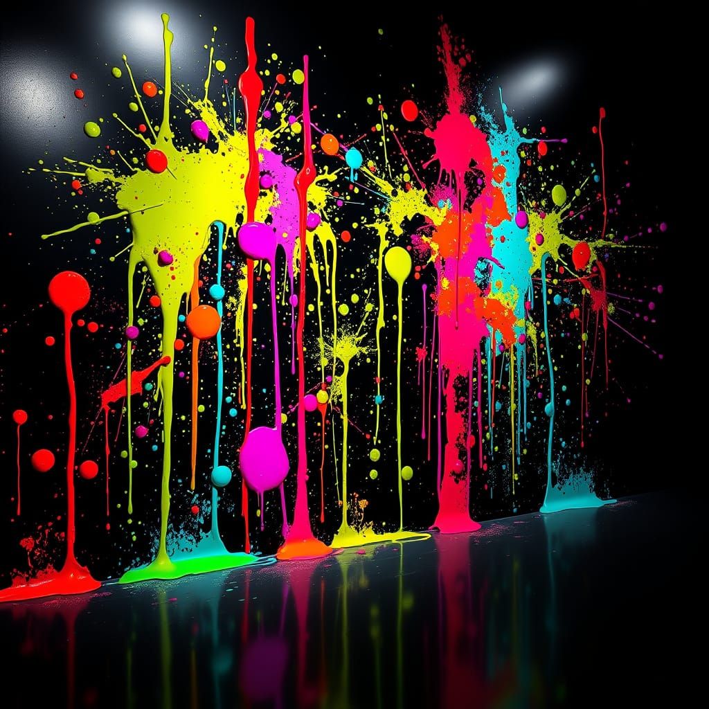 Neon Paint Splatters on Glossy Black Wall in Hyper-Realistic...