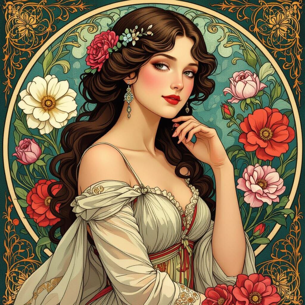 Elegant Woman with Flowers in Art Nouveau Style