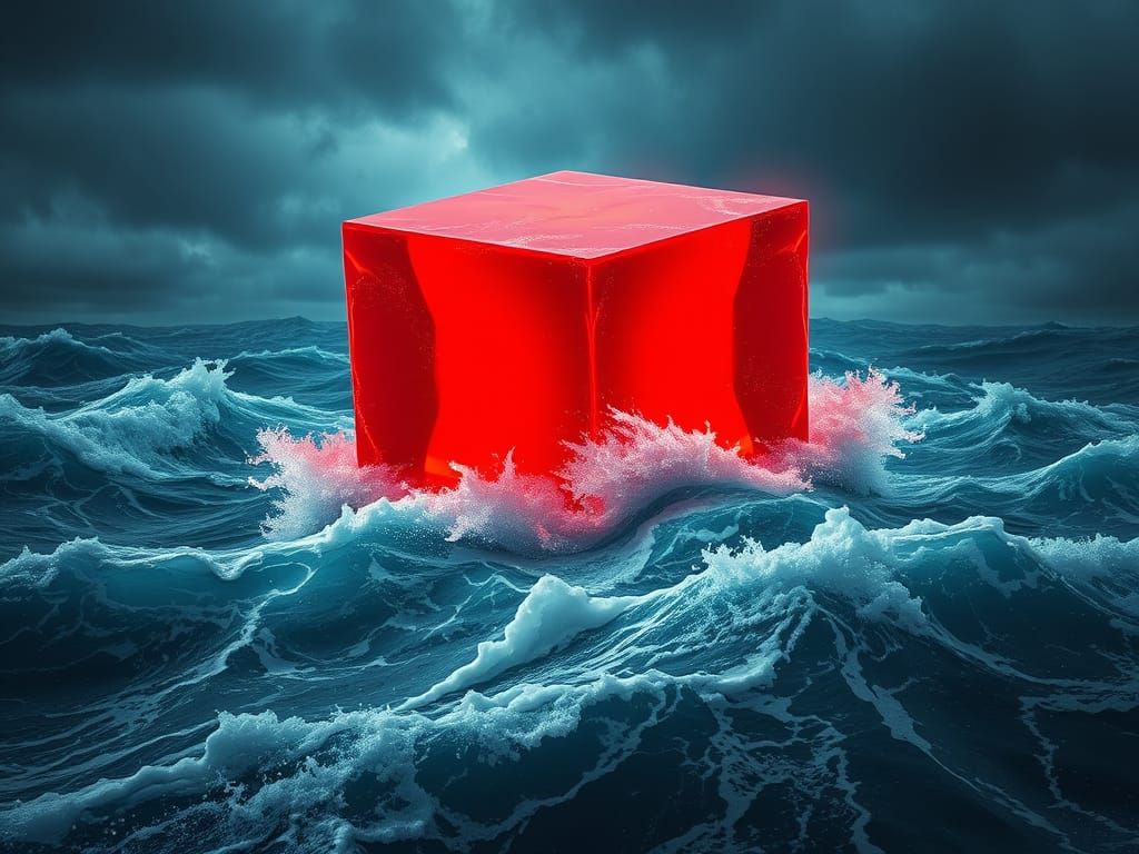 Glowing Red Jello Cube Rides Stormy Waves