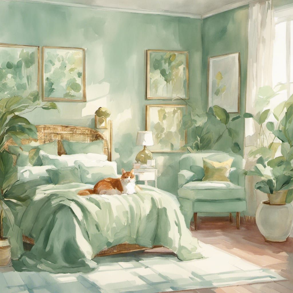 Watercolor Luxurious Bedroom Interior with Sleeping Cat