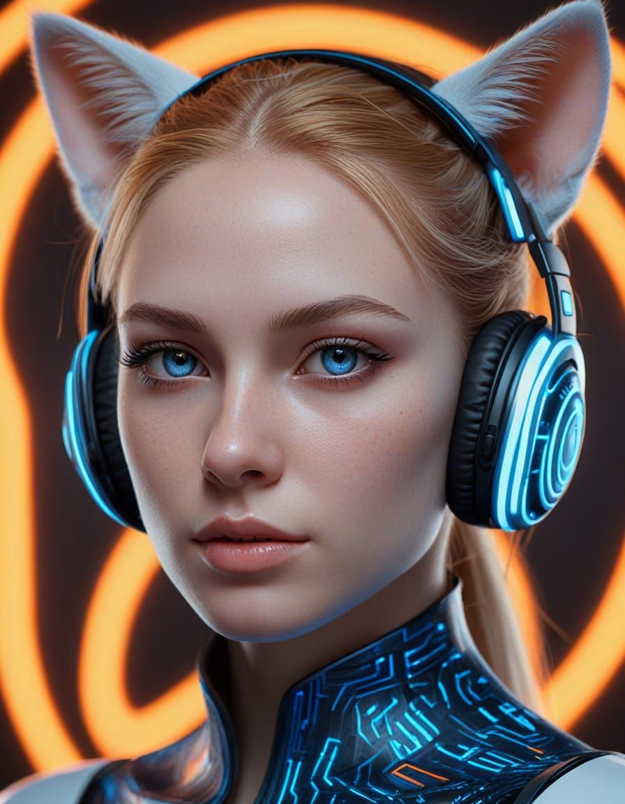 Cyborg Woman with Glowing Circuitry and Futuristic Headphone...