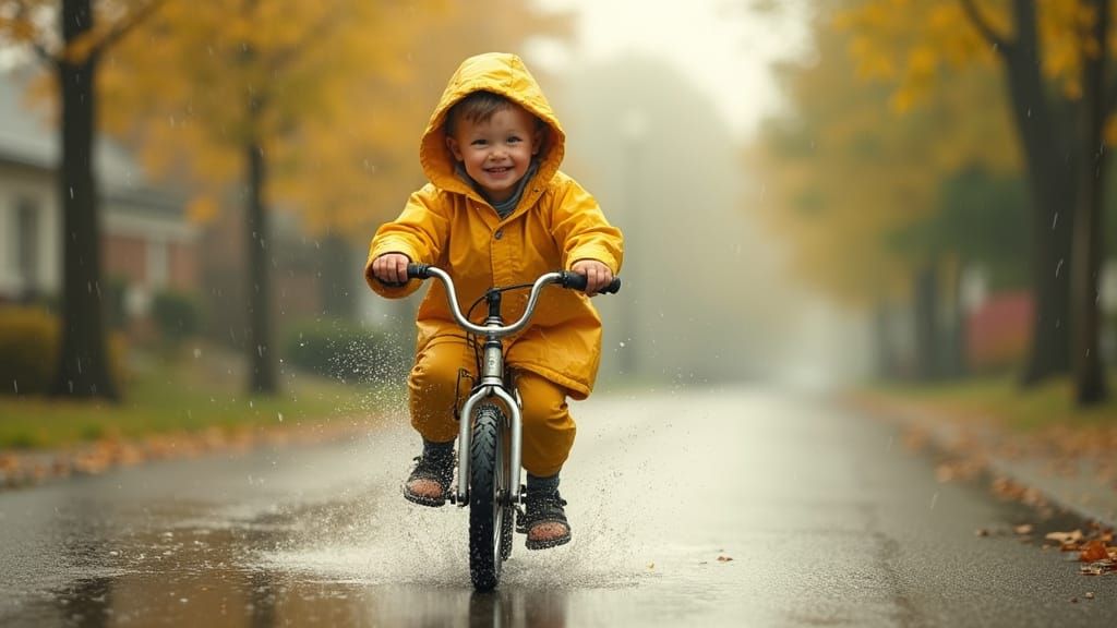 Child Pedals Bicycle Through Rainy Street in Cozy Impression...