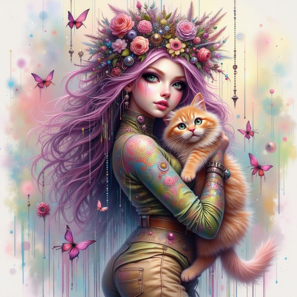 Modern Woman with Emerald Eyes and Ginger Cat, Hockney Style