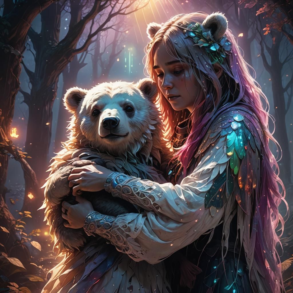 Ghost Bear Comforting Girl in Mystical Forest