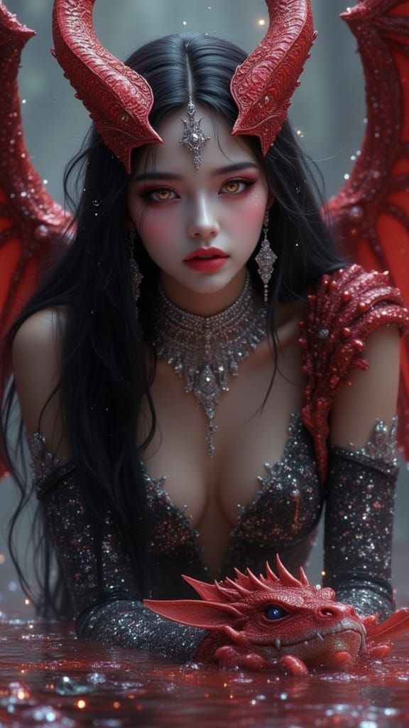 Otherworldly Woman with Dragon and Palace Background