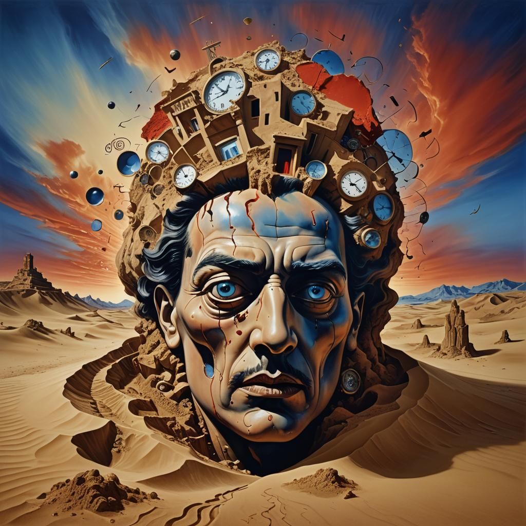 Surreal Desert Head with Floating Eyes