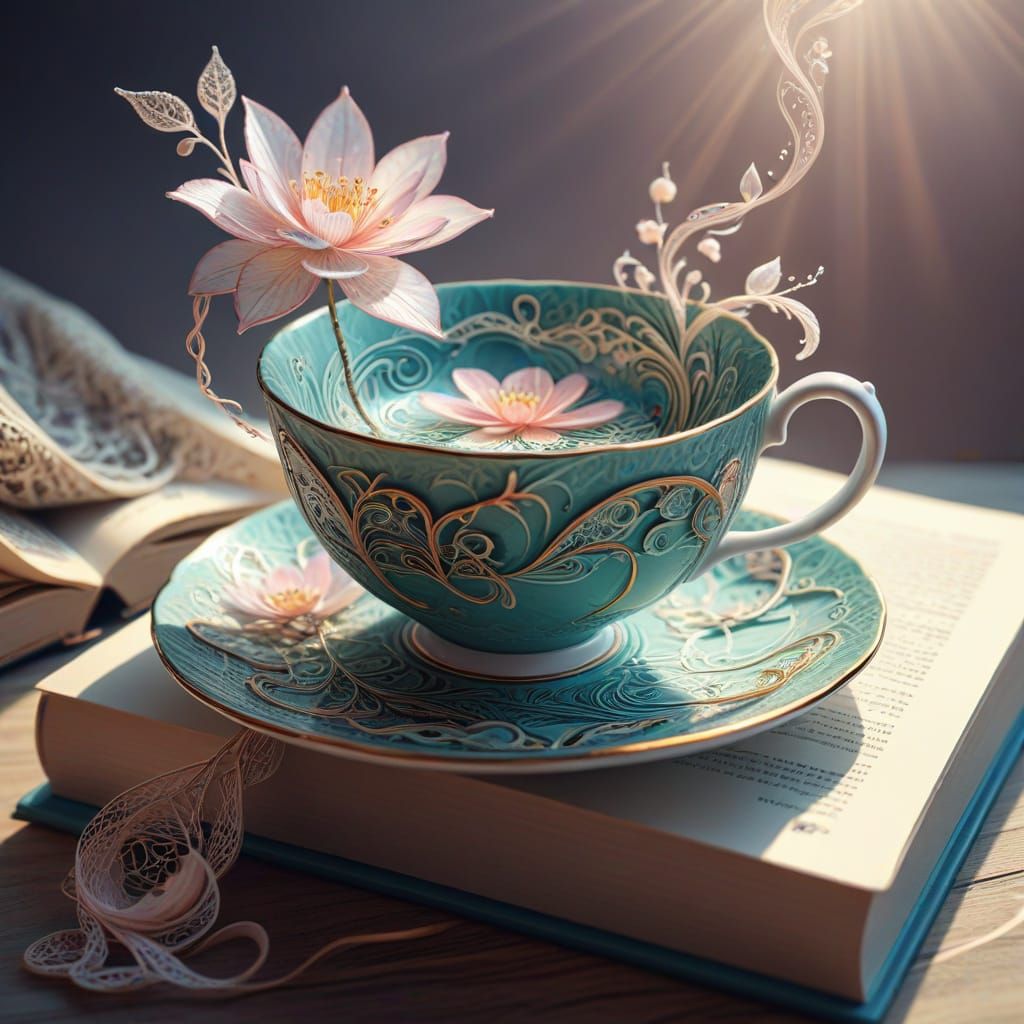 Surreal Still Life: Teacup, Book, and Flower in Abstract Sty...