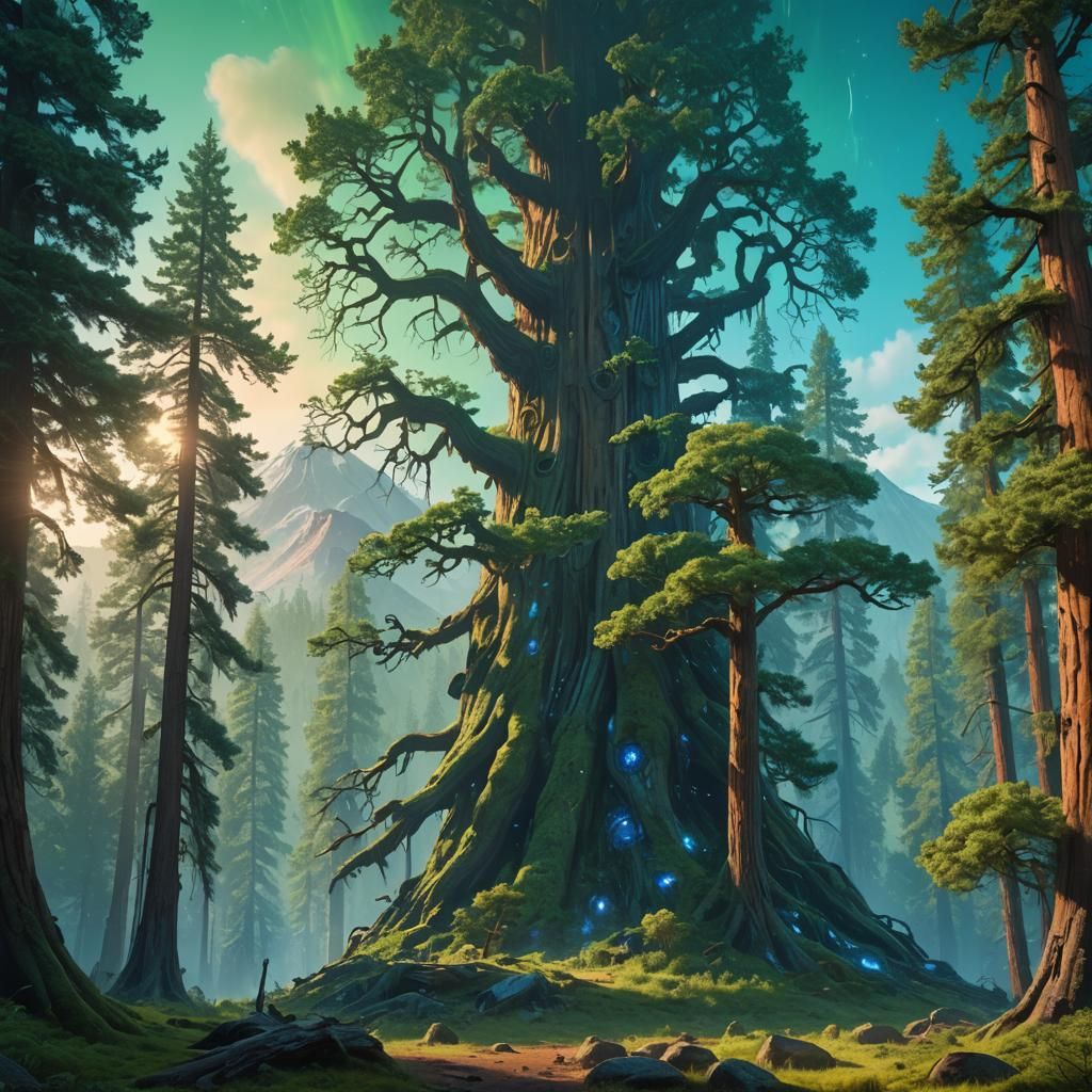 Mystical Mount Shasta Forest, Matte Painting Style