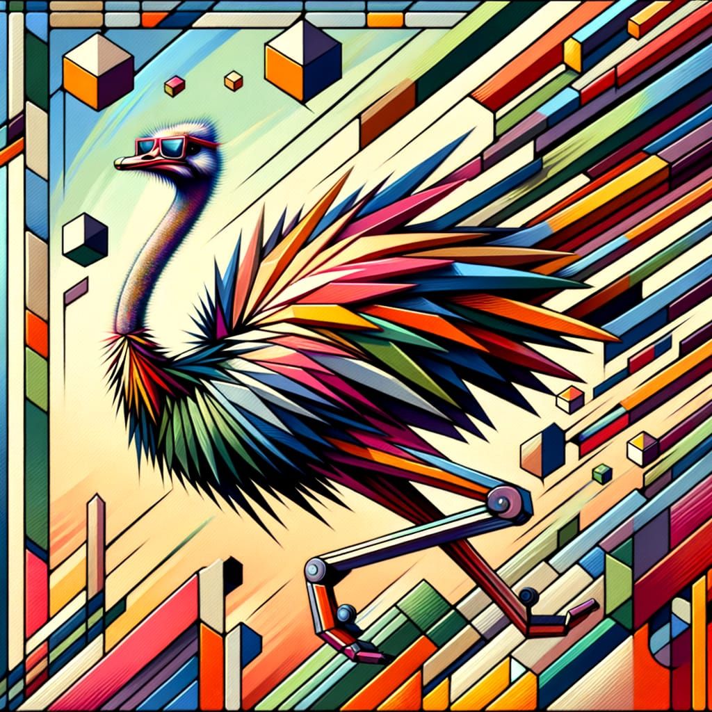Vibrant Ostrich in Midair, Inspired by Neocubism and Art Dec...