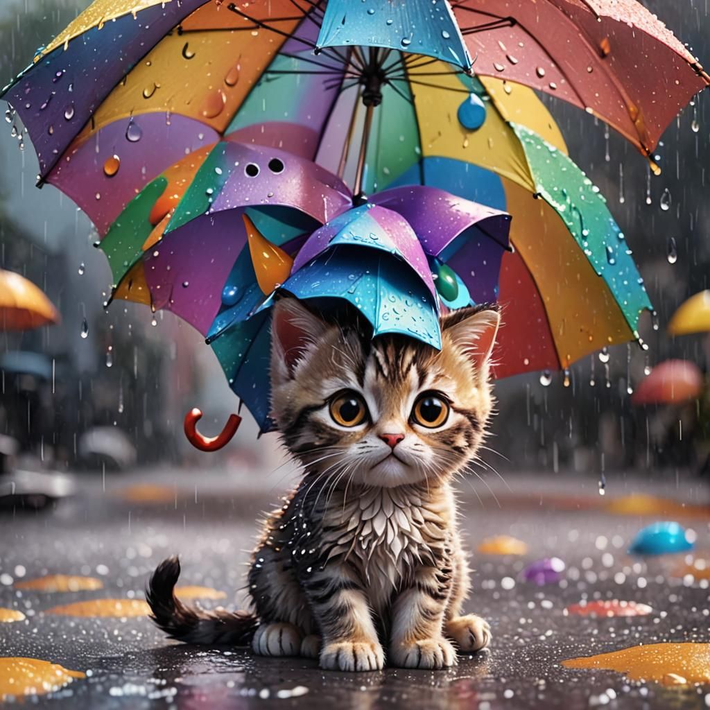Sad Kitten Protected from Rain, Pixar-style