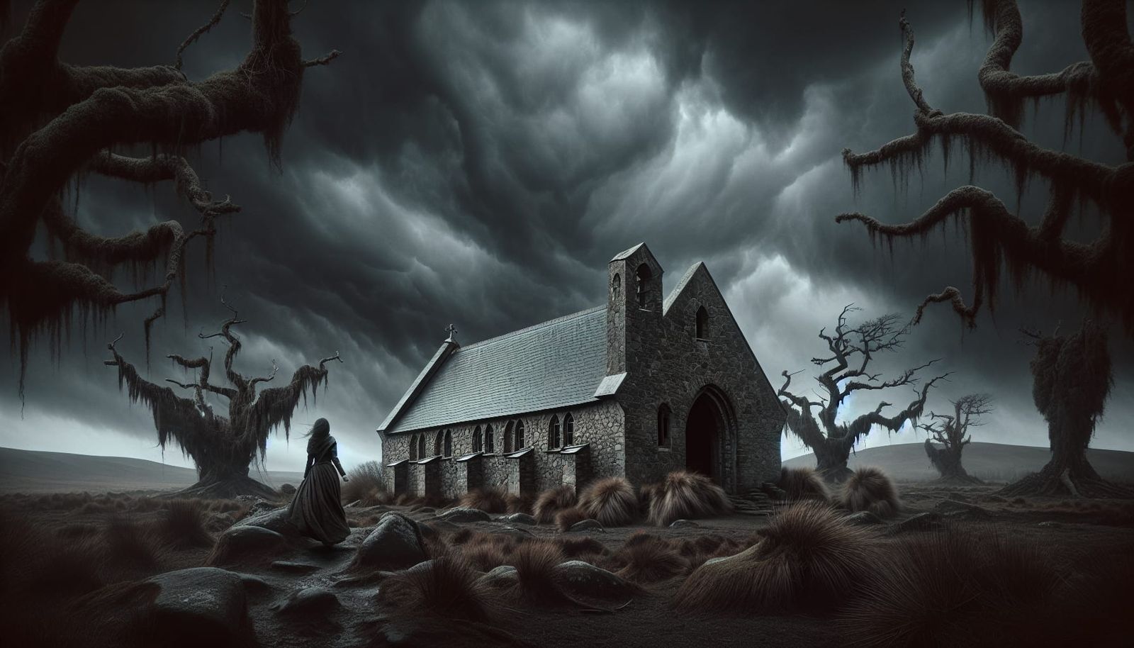 Ancient Church on Desolate Moor: Dark Fantasy Scene