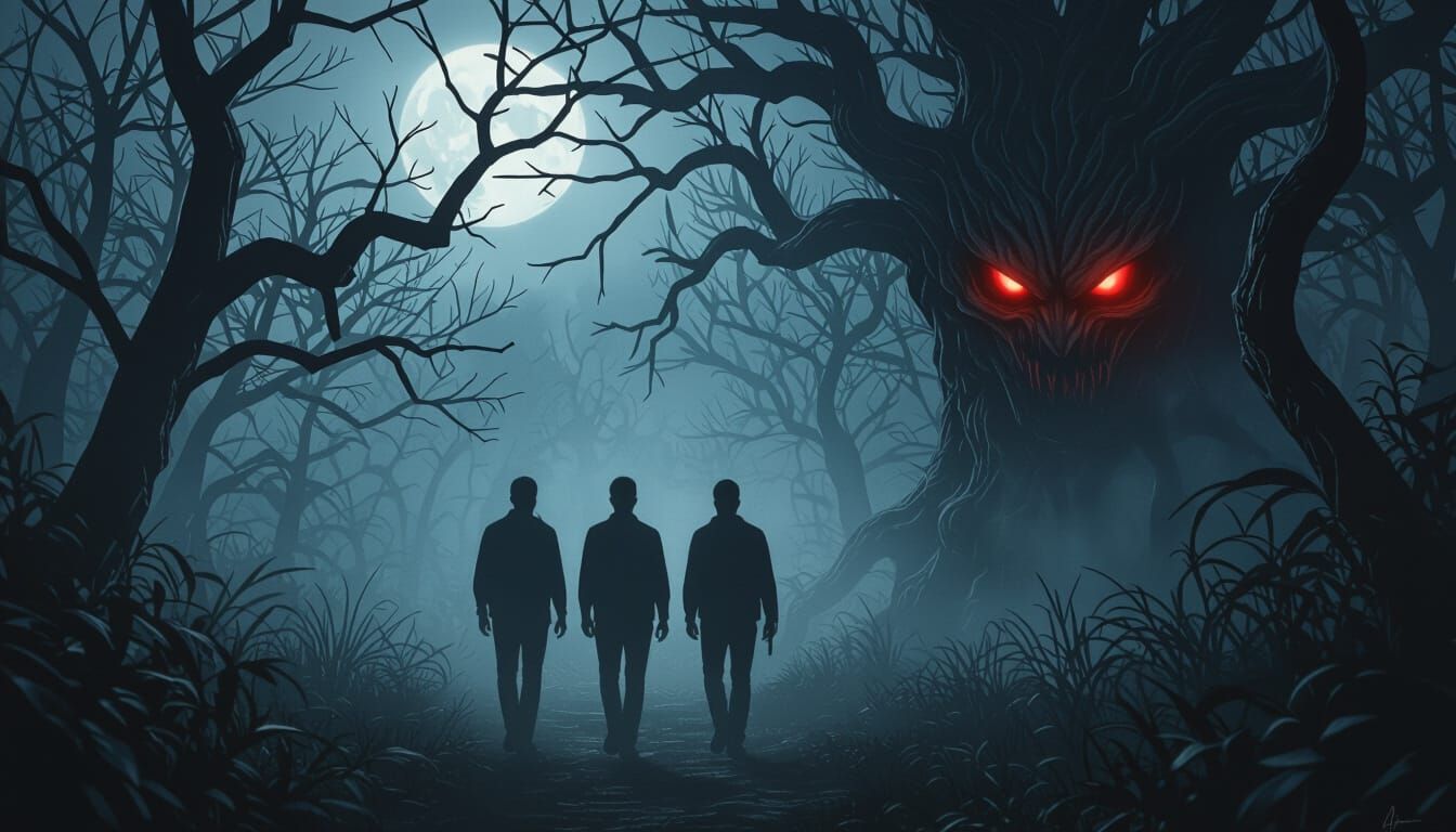 Men Lost in Dark Foggy Jungle, Red Eyes Watch