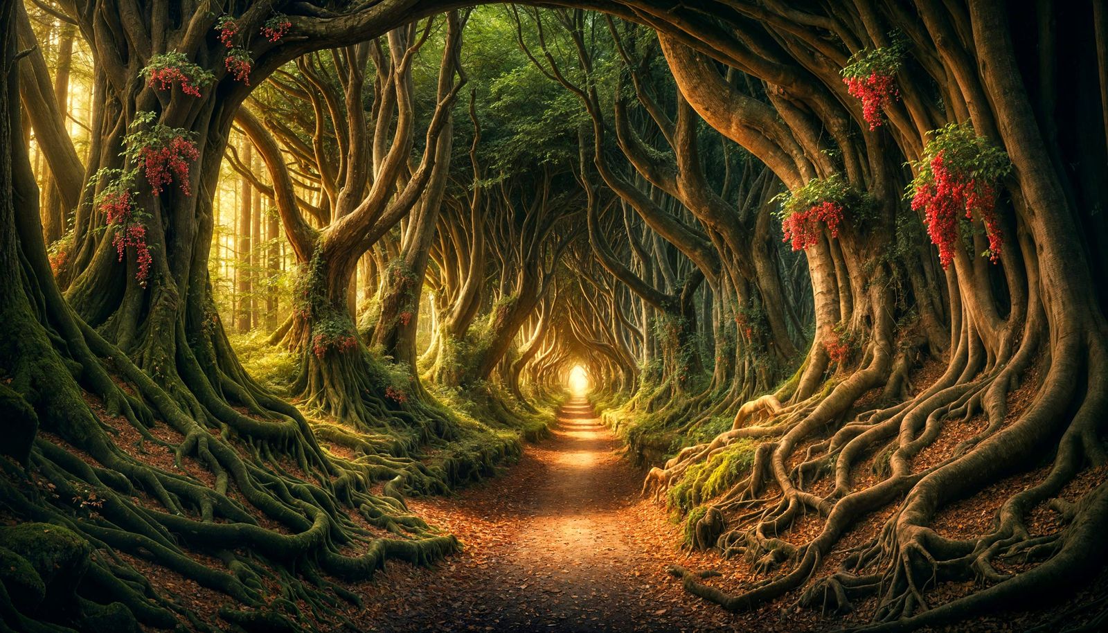 Mystical Forest Path with Red Berries