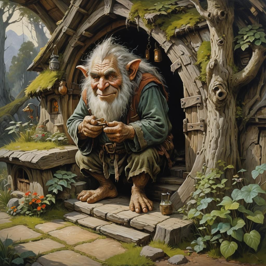 Wise Troll in Hobbit House: Oil Painting