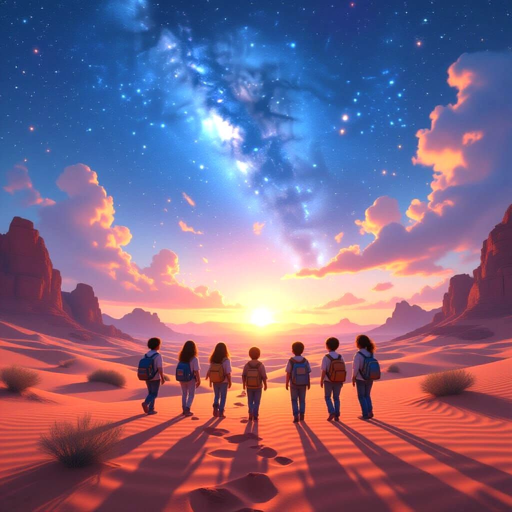 Magical Light Guides Lost Children Through Enchanted Desert