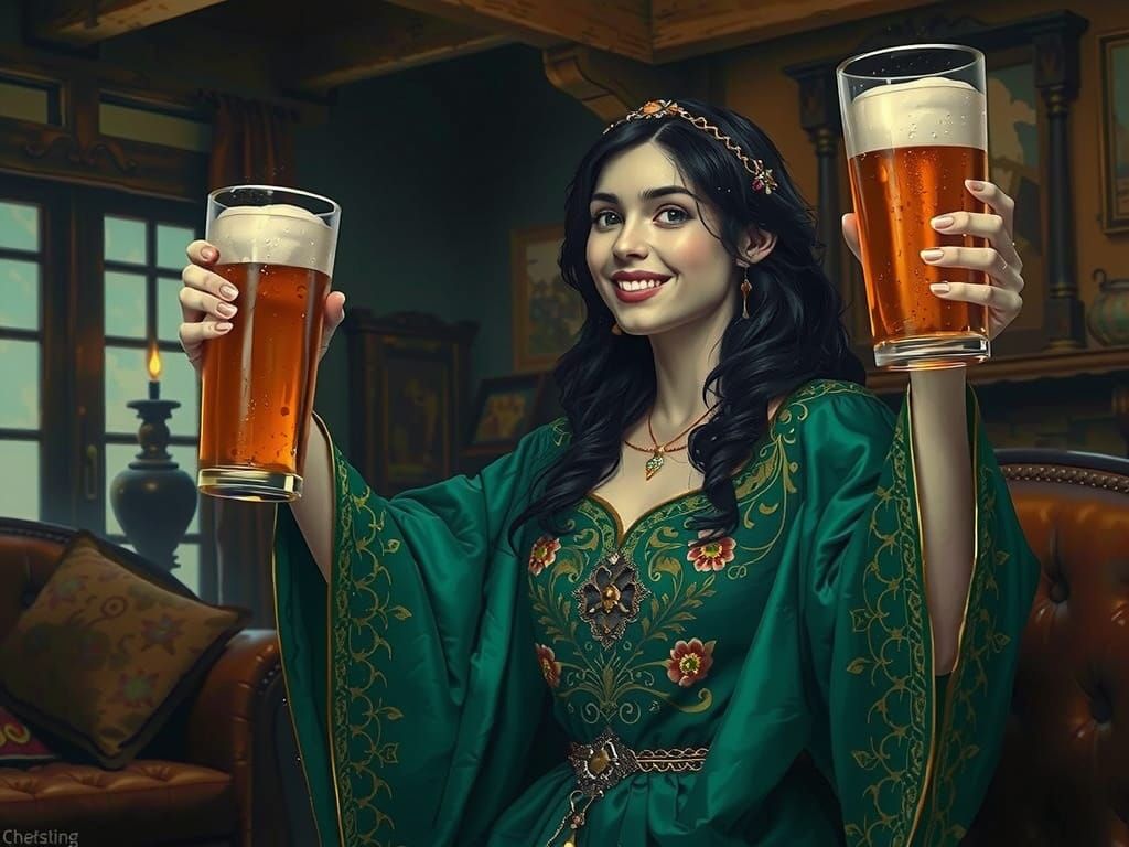 Fairy Woman with Beer in Whimsical Landscape