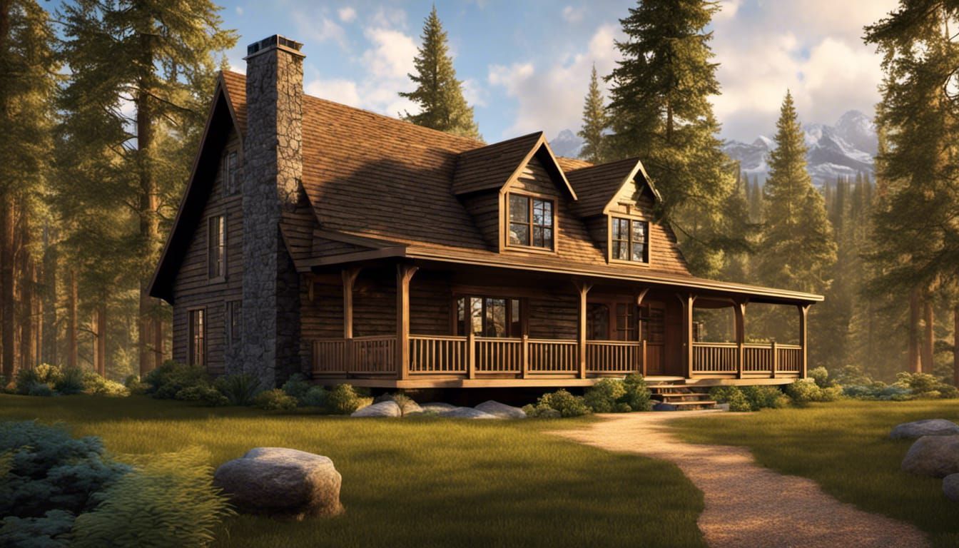 Detailed Log Cabin in Woods, Digital Matte Painting