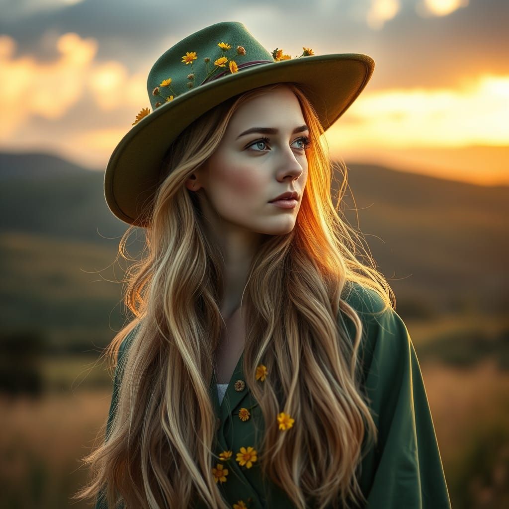 Golden Hour Portrait of Woman with Floral Hat