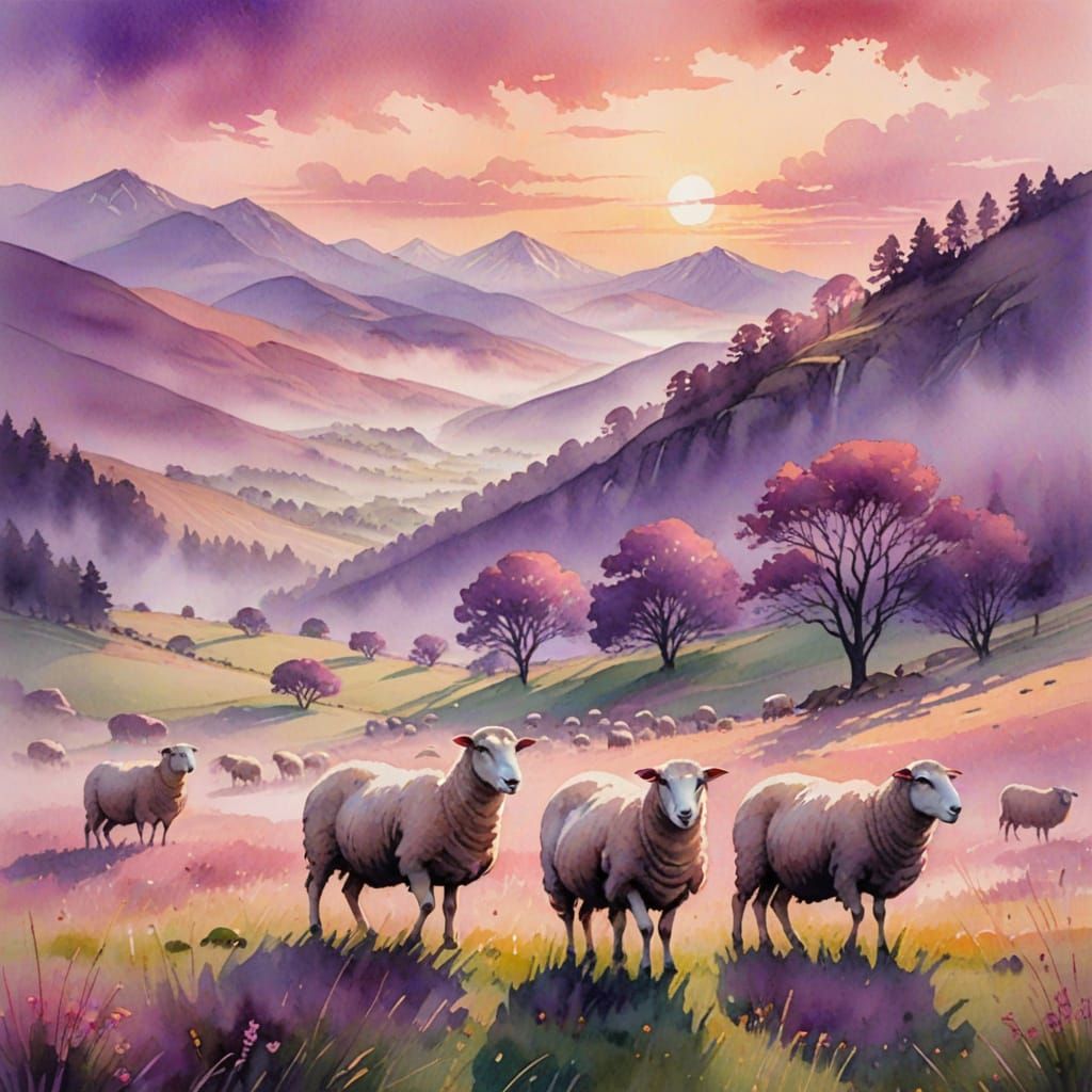 Ethereal Watercolor of Sheep Grazing in a Misty Mountain Val...