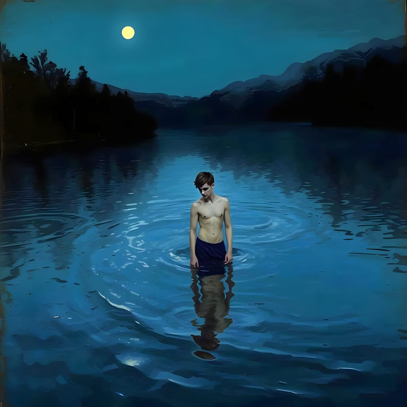Dreamlike Oil Painting of a Man in Lake