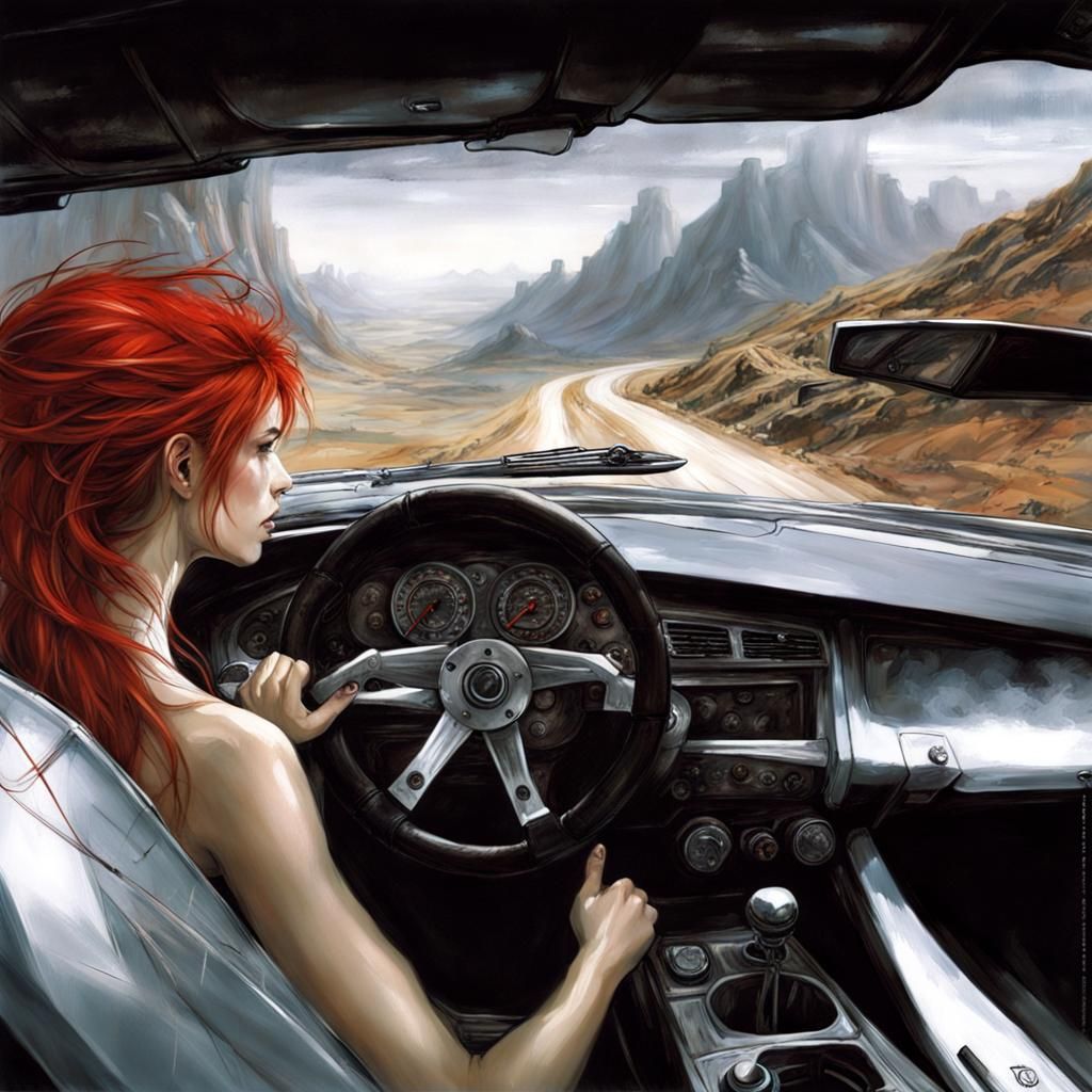 Redhead Drives Supercar: Airbrush Art Style