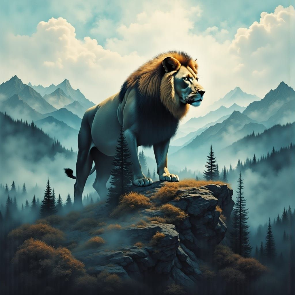 Majestic Lion on Cliff in Double Exposure Landscape