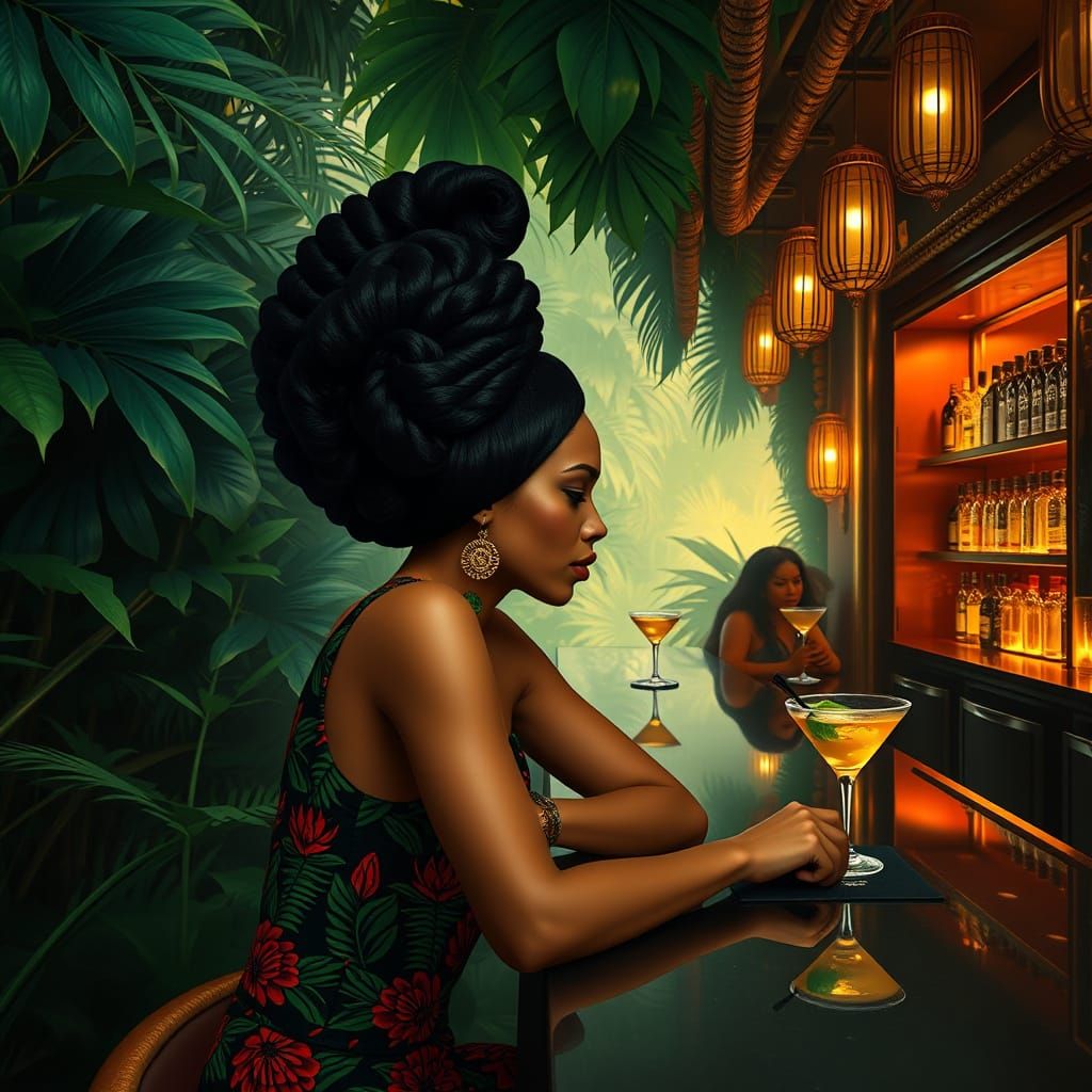 Surreal Art Deco Speakeasy Hidden in Jungle with Vibrant Way...