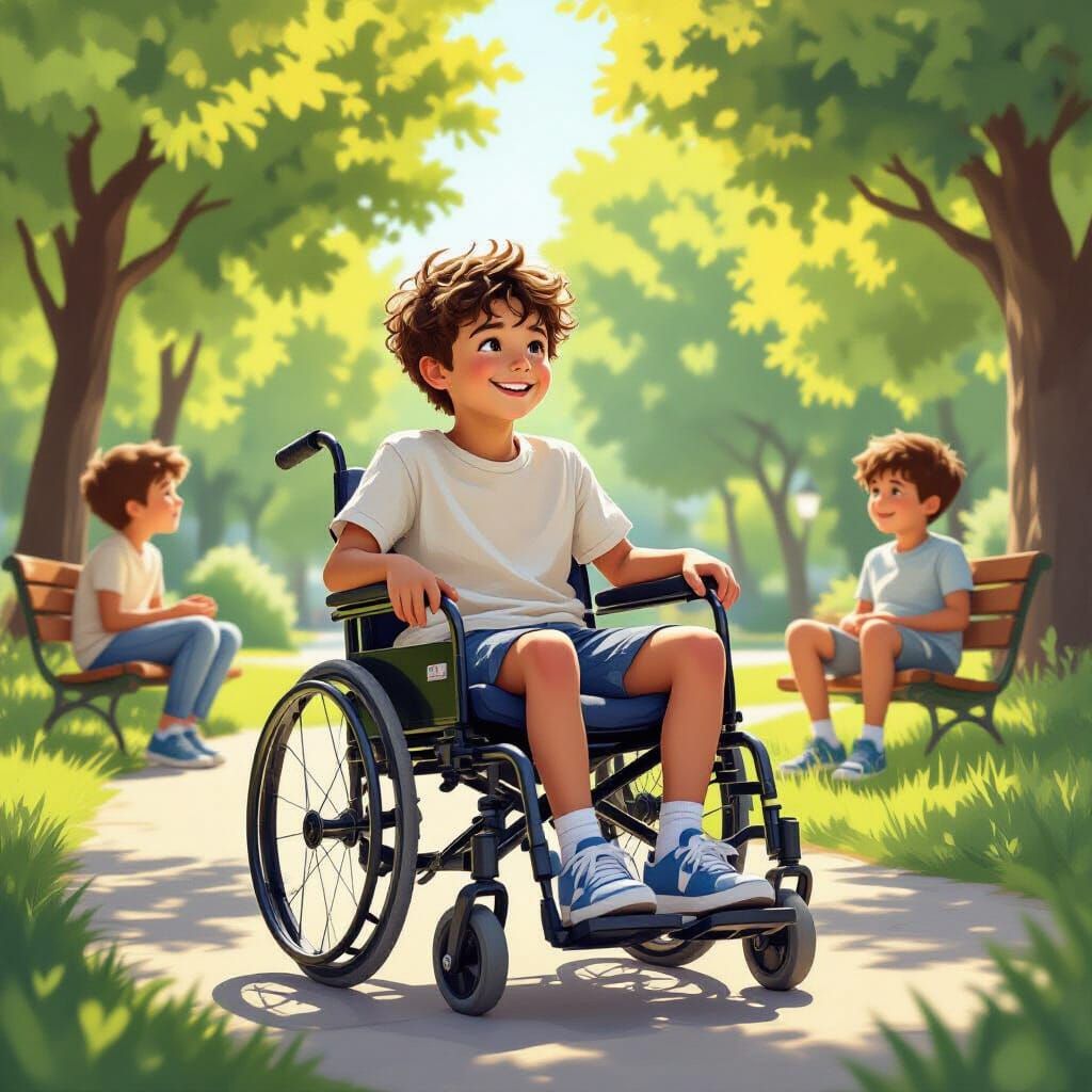 Boy in Wheelchair Playing with Friends, Watercolor Style