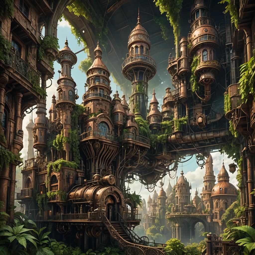 Magical Steampunk City with Lush Vegetation