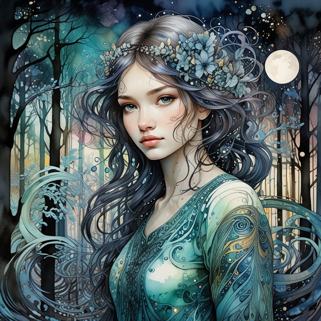 Dreamlike Watercolor Scene with Opalescent Fractals and Whim...