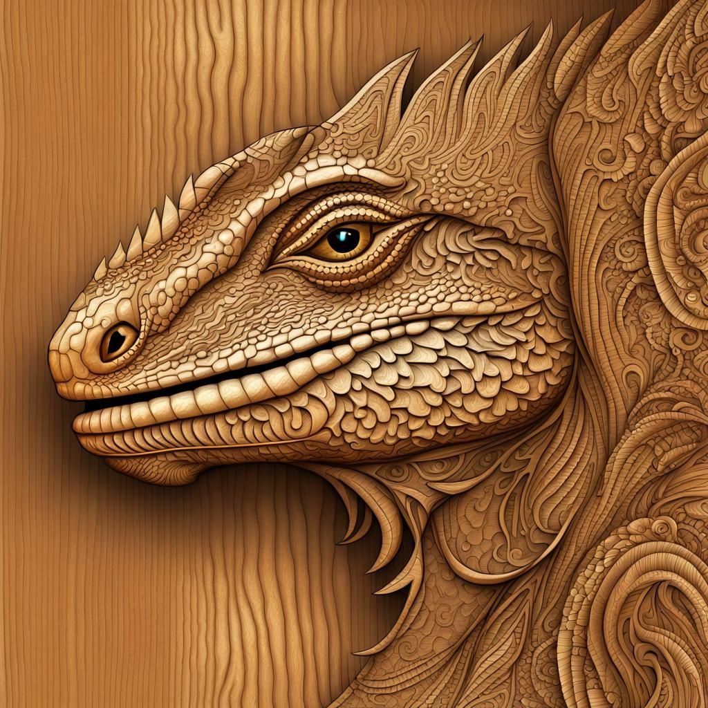 Carved Wooden Iguana Head on Fractal Background