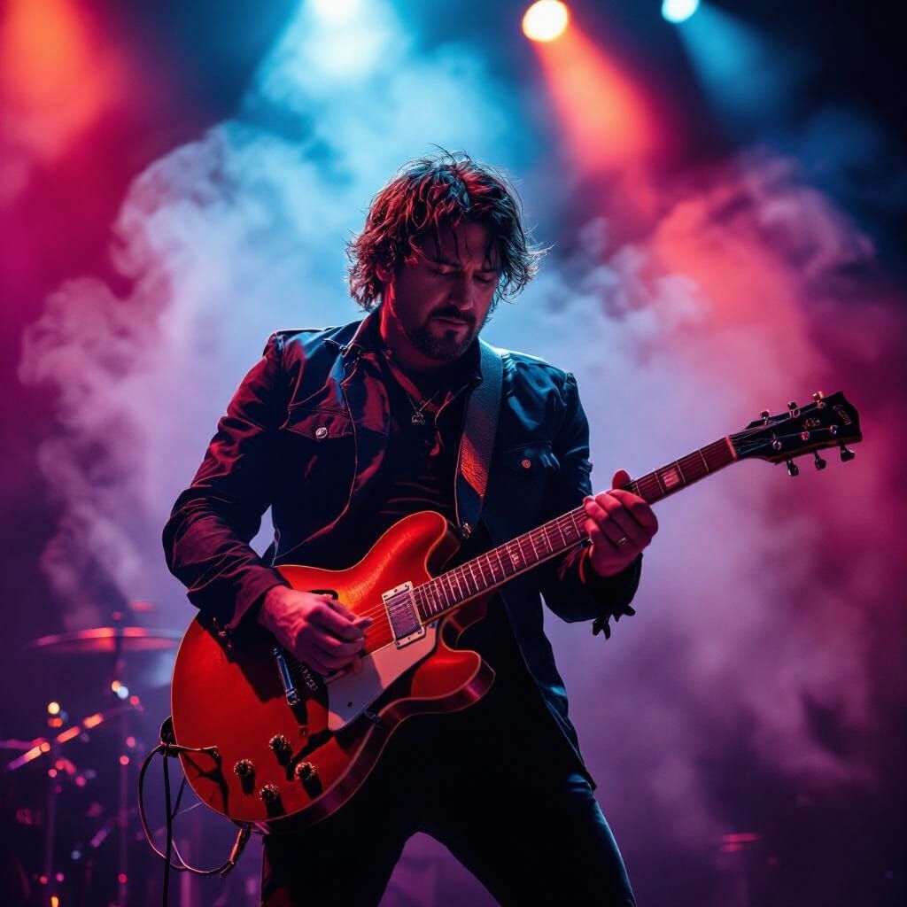 Guitarist on Stage Under Dramatic Lighting