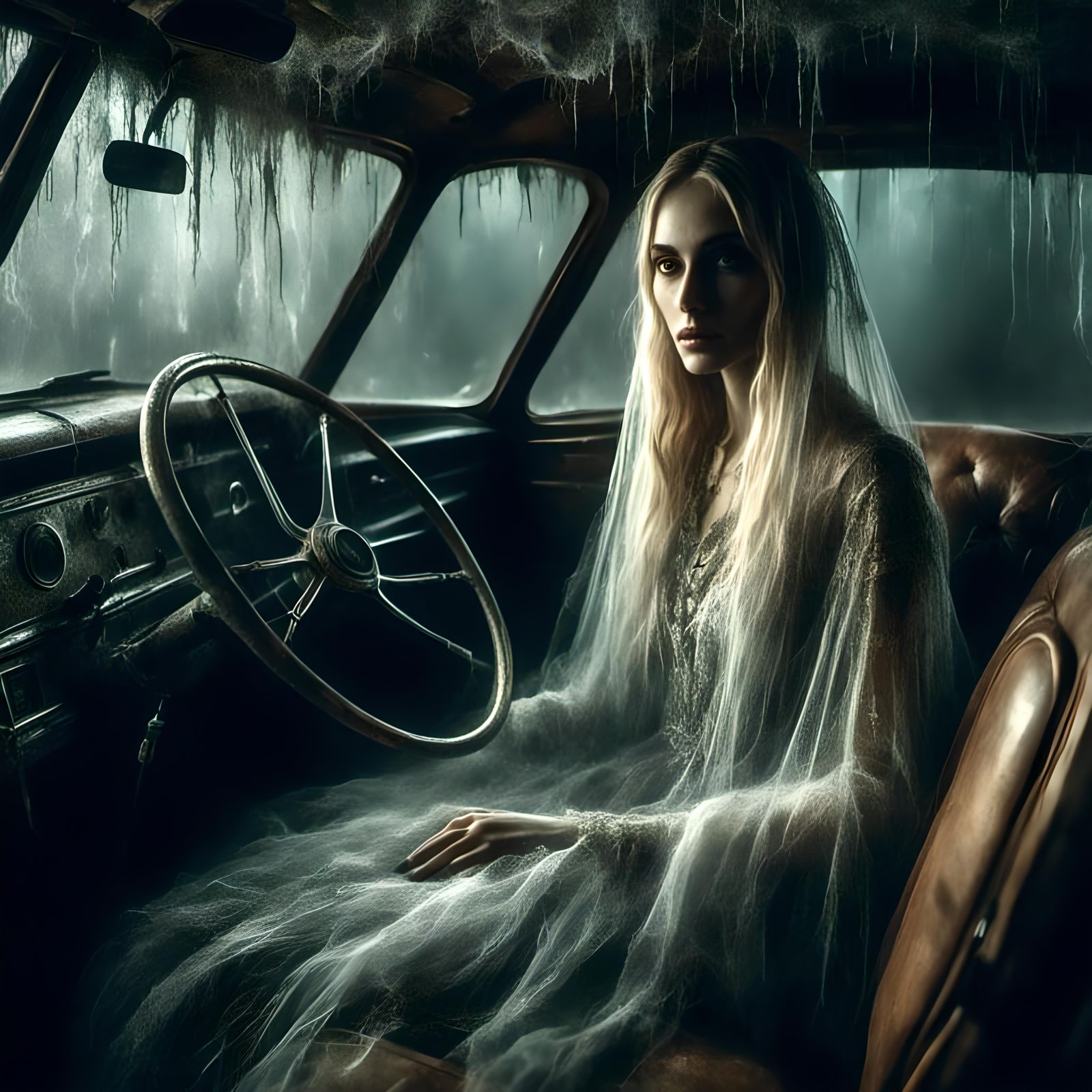 Vintage Ghost Portrait: Woman in Fur-Lined Car