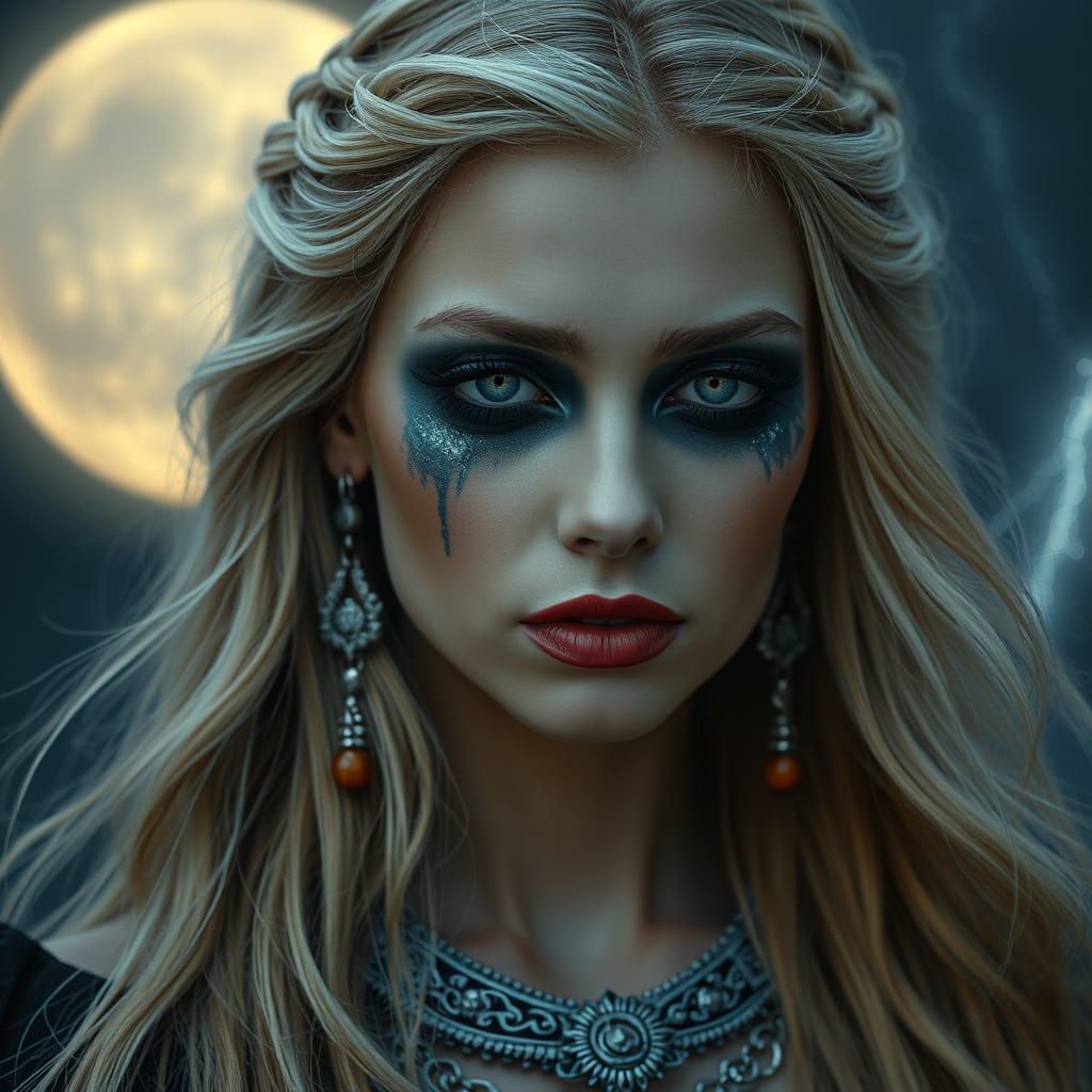 Goddess in Viking Splendor, Golden Tears Falling Under Full ...