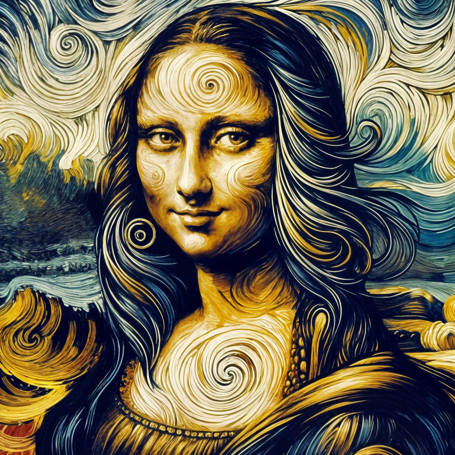 Mysterious Post-Impressionist Mona Lisa with Starry Night Sk...
