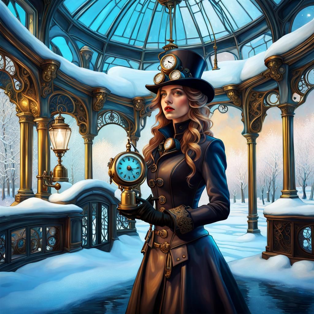 Steampunk Girl in Icy Winter Garden, Surreal Art