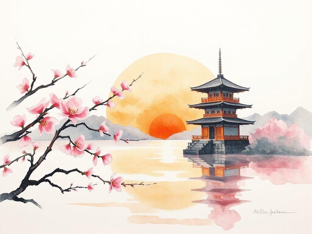 Watercolor Sakura Sunrise Over Calm Water