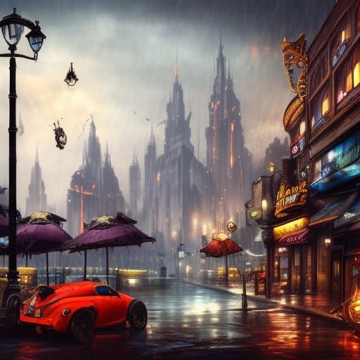 Steampunk Cityscape in Heavy Rain