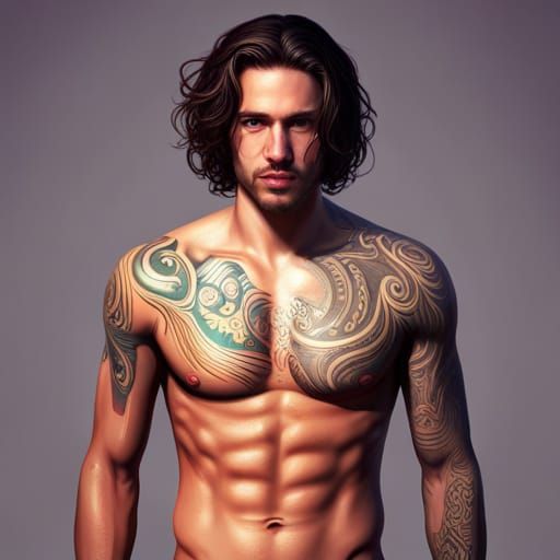 Detailed Portrait of Brunet Man with Tattoos