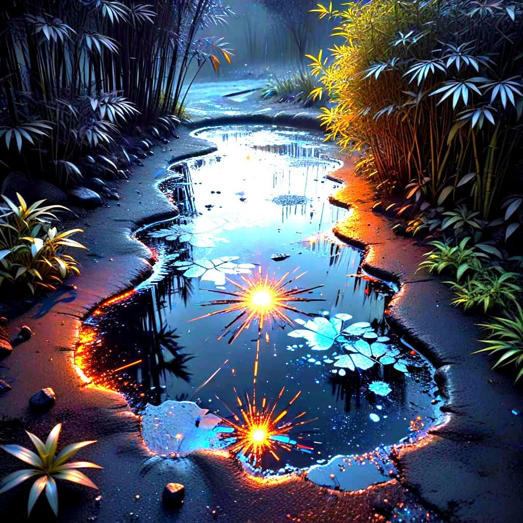 Holographic Landscape in Asphalt Puddle, Black and White