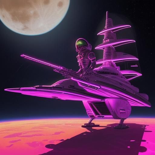 Cigar Spaceship on the Moon in Synthwave Style