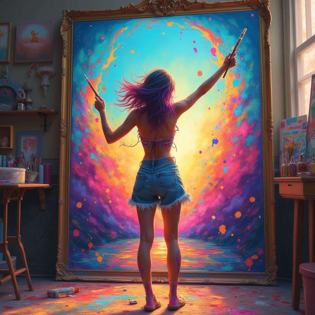 Vibrant Artist in Ornate Mirror Studio