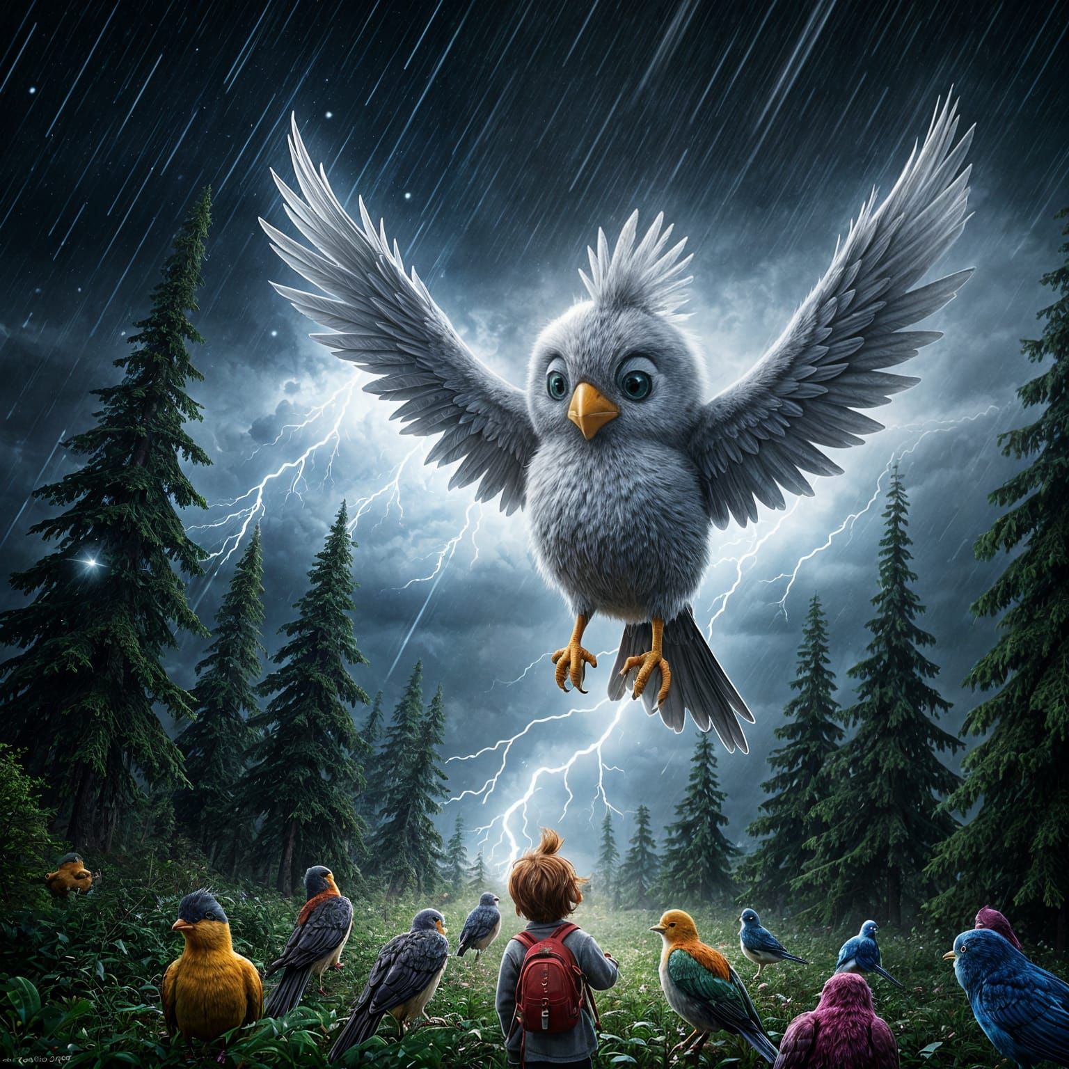 Dramatic Storm Scene with Pixar-Style Plush Bird
