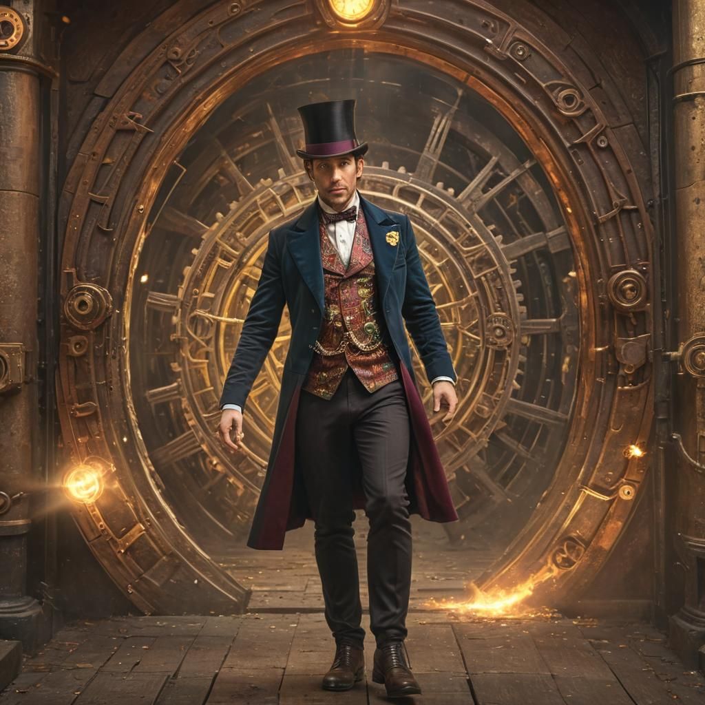 Handsome time lord in colorful clothes and top hat walks out...