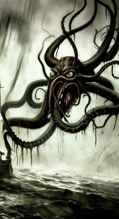Sinister Kraken in Watercolor Horror Scenery