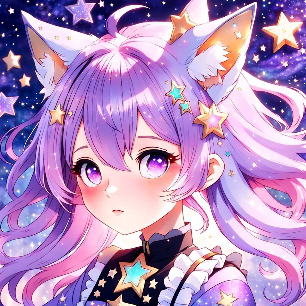 Anime Fox Girl with Stardust and Starry Motifs