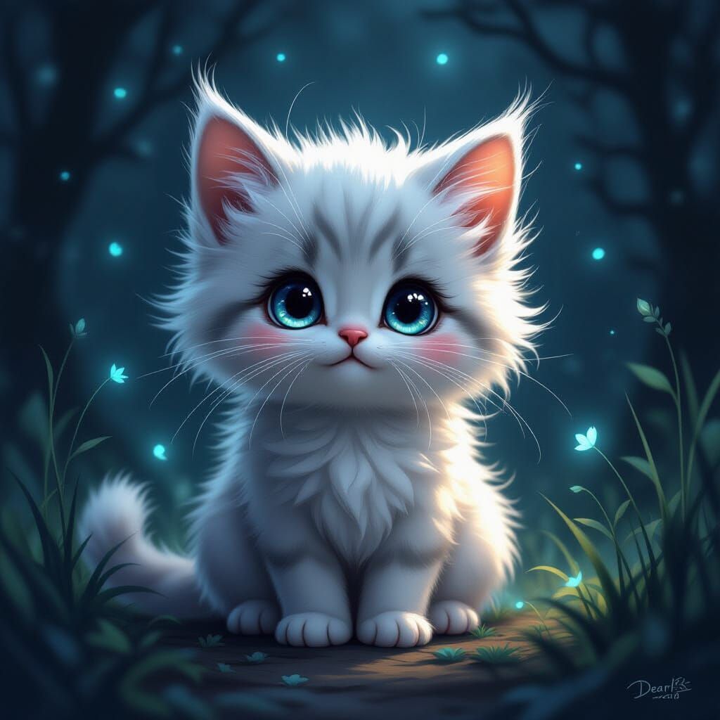 Eerie Dark Illustration of an Adorable Fluffy Cat