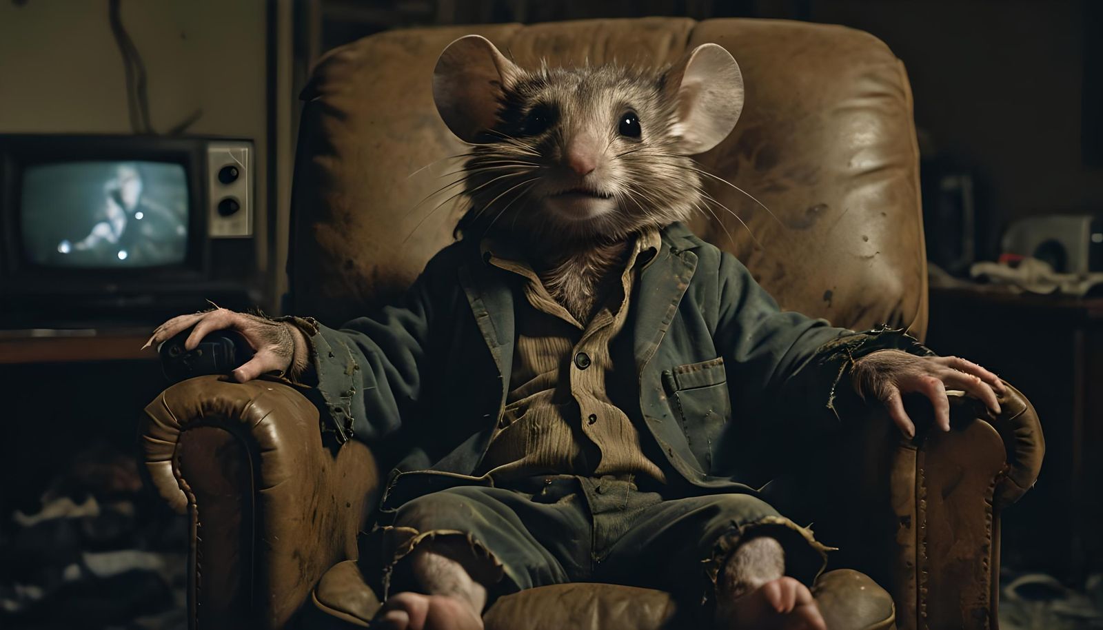 Cinematic Mouse Watching TV in Dilapidated Home